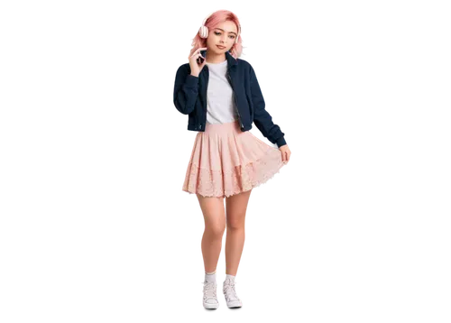 aesthetic girl, headphones, solo, (18yo), pastel hair, soft blush, dreamy eyes, lace gloves, flowy skirt, Converse shoes, holding iPhone, music notes surround, sparkles, morning sunlight, 3/4 composit