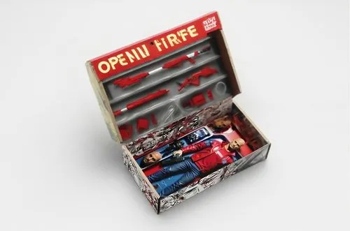    Bald Action figure wearing red jacket,  toy infographics, Label that says "Open Fire" on display box, Comic book style, Red and white color palette,
,open cardboard case with a small red vehicle in