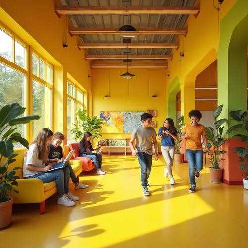 Vibrant yellow walls, modern youth center interior, bright flooring, colorful furniture, energetic atmosphere, kids playing, laughing, running, group of friends sitting on a yellow couch, holding tabl