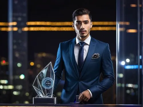 Modern skyscraper, futuristic design, sleek lines, metallic materials, glass facade, neon lights, cityscape, night scene, award ceremony, stage, podium, microphone, elegant suits, ties, confident pose