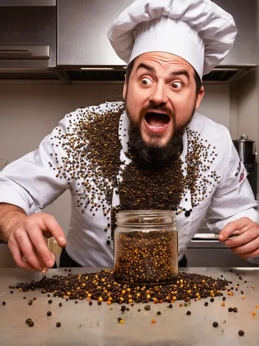 Develop a comedy sketch where a chef accidentally spills an entire jar of peppercorn, causing chaos in the kitchen.,freekeh,chef,men chef,za'atar,peppercorns,peppernuts,quinoa,culinary herbs,dwarf coo