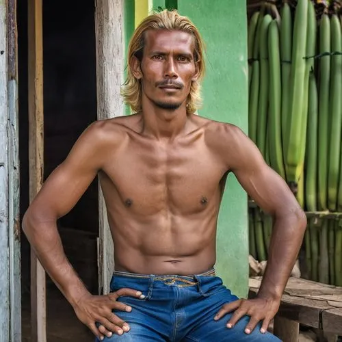 Joven de 30 años de cabello rubio, ojos claros color miel, 30 años de edad, hombre humilde, trabajador, delgado, vive en una Guacamayal, n pueblo en la zona bananera del departamento del Magdalena, Co