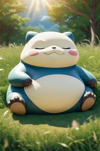 Snorlax, laying down, relaxed posture, chubby body, fluffy fur, closed eyes, peaceful facial expression, grassy meadow, sunny day, warm lighting, shallow depth of field, soft focus, cute and adorable 