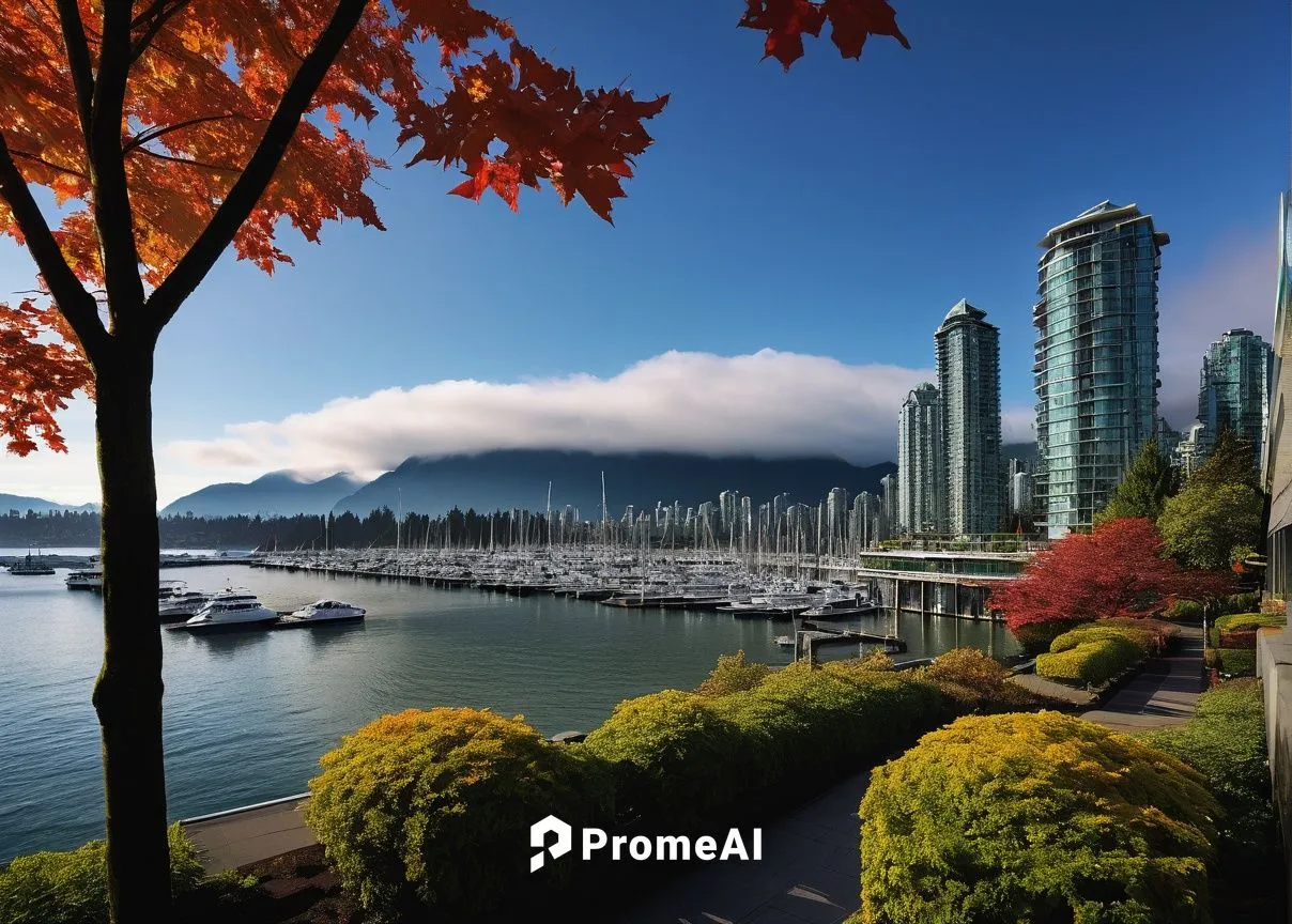 Vancouver BC, modern Canadian architecture, sleek glass skyscrapers, steel frames, angular shapes, rooftop gardens, urban landscape, misty mountains in the background, Granville Island, waterfront, se