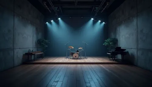 Simple music venue, minimalistic interior design, empty space, concrete walls, wooden floor, limited seating, spotlights, dimmable lights, soundproofing materials, acoustic panels, microphone stand, d