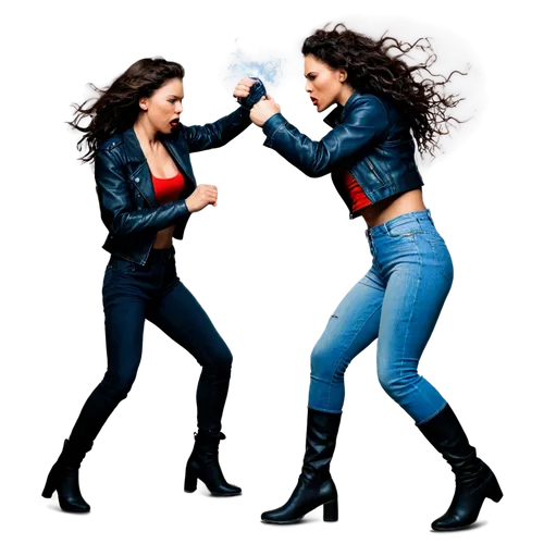 Dynamic action scene, intense combat, two people fighting, male fighter, muscular build, short black hair, determined facial expression, worn denim jeans, black leather jacket, female fighter, long cu