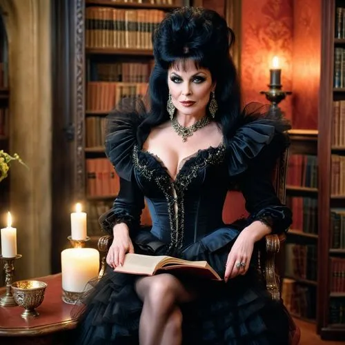 Elvira Mistress of the Dark ( Kinofilm 1988 )

Elvira sitzt späht abends in einen sehr alten bequemen ausladenden Viktorianischen Sessel und liest in bei kerzenlicht ein Buch,gothic fashion,gothic por