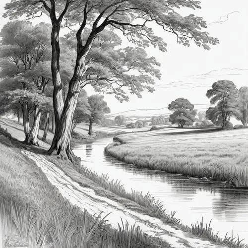 brook landscape,towpath,river landscape,watercourses,river bank,headrace,Illustration,Black and White,Black and White 26