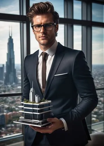 Charlie Luxton, male, 35yo, stylish glasses, messy brown hair, strong jawline, formal wear, black suit, white shirt, silver tie clip, leather shoes, holding a model of a futuristic skyscraper, standin