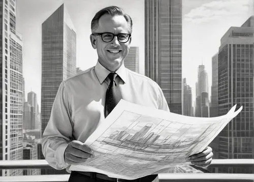 Middle-aged man, mature, confident, professional attire, glasses, short hair, clean-shaven, holding blueprints, standing in front of a skyscraper, cityscape background, sunny day, dramatic lighting, s