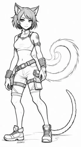 an adult anime character is shown in this coloring book,tomboys,rollergirl,anthro,cat line art,firecat,hairtail,Design Sketch,Design Sketch,Detailed Outline