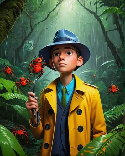 ethnobotanist,entomologist,world digital painting,digital painting,biologist,pinocchio,cryptozoologist,paleobotanist,hygrocybe,botanist,lupini,inspector,borsalino,game illustration,kids illustration,psychonauts,layton,conductor,cantharellus,homburg,Illustration,Realistic Fantasy,Realistic Fantasy 18