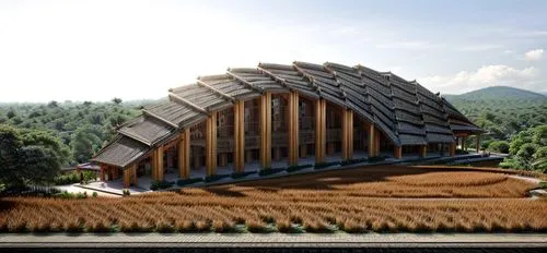 eco hotel,eco-construction,wooden construction,timber house,wooden facade,asian architecture,straw roofing,wooden roof,straw hut,futuristic architecture,chinese architecture,grass roof,school design,h