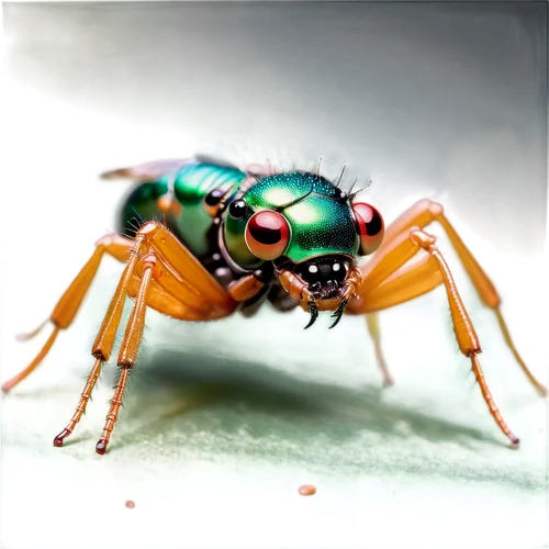 Macro photography, solitary insect, shiny exoskeleton, green metallic body, six legs, large compound eyes, delicate antennae, tiny mandibles, soft focus background, warm natural light, 3/4 composition