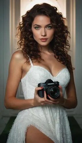 in the center of a dimly lit room, a woman with long, curly brown hair and piercing green eyes gazes intently into the camera. She wears a fluffy white dress, a thick thigh gap, a tiny smile, delicate