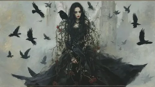 gothic woman,hecate,malefic,dark angel,crow queen,gothic portrait