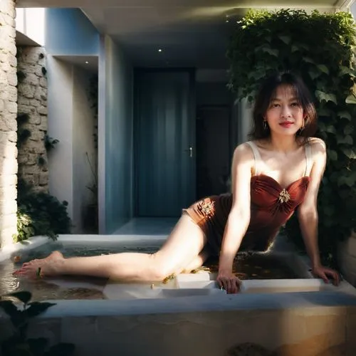 Eine ungarische (sehr weibliche) Schönheit liegt mit geraden Armen abgestützt auf weißer Erde. Dunkles Haar.,vintage asian,joy,phuquy,solar,pin-up model,asian woman,asian girl,art model,asian vision,v