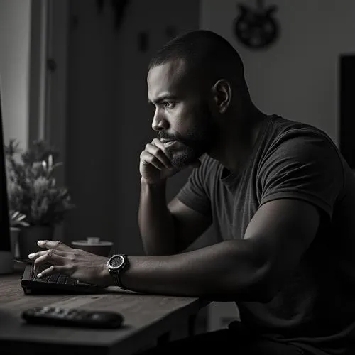 man with a computer,black businessman,pensively,cybertrader,night administrator,callen