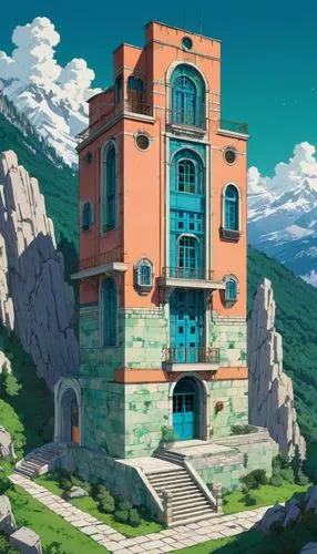 apartment building,studio ghibli,yoshikuni,sky apartment,machico,aqua studio,Illustration,Japanese style,Japanese Style 03