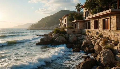 Rugged coastal scenery, crashing waves, salty sea air, weathered brick facades, robust masonry, textured stone walls, durable mortar joints, reinforced foundations, storm-resistant windows, protective