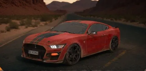 Abandoned desert highway, dry heat, unreal engine, realistic, ,an orange sports car with black stripes sits on the road,cliffjumper,game car,red motor,3d car wallpaper,redtop,street canyon,ironhide,re