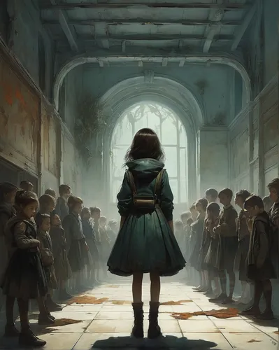 violet evergarden,studio ghibli,school children,private school,the little girl,the pied piper of hamelin,children of war,euphonium,orphans,the little girl's room,elementary,girl in a historic way,school skirt,kindergarten,mystical portrait of a girl,sci fiction illustration,classroom,elementary school,the girl at the station,hall of the fallen,Illustration,Realistic Fantasy,Realistic Fantasy 16