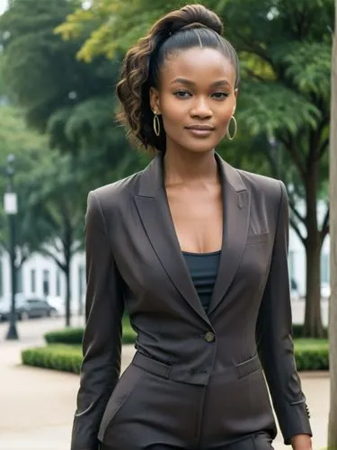 Full-size West African sample portrait,a woman wearing black is standing near a park,ikpe,chimamanda,masiyiwa,businesswoman,business woman,thandie,Photography,Black and white photography,Black and Whi