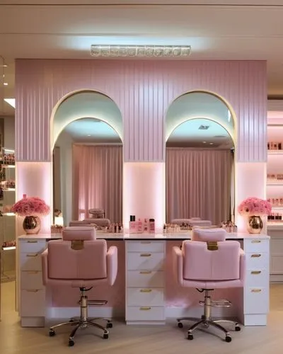 well-stocked luxury makeup store interior of beauty salon pleasant atmosphere excellent luxury lighting delicious aroma in it counters with shadows and makeup, mirrors with lights and hairdressing cha