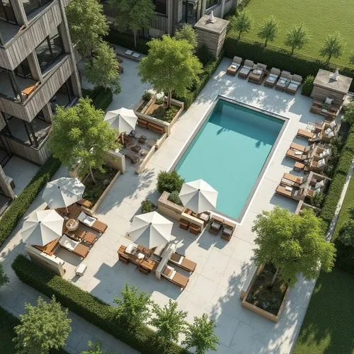 Landscape Design,an aerial view of an outdoor pool area with chairs and umbrellas,outdoor pool,houston texas apartment complex,hoboken condos for sale,condos,roof top pool,penthouses