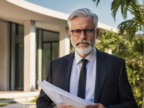 Middle-aged chief architect, mature gentleman, bespectacled, grey hair, trimmed beard, formal attire, black suit, white shirt, silver tie clip, holding a blueprint, standing in front of a luxurious vi