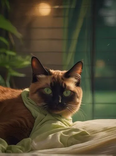 cat in bed,cat portrait,pet portrait,abyssinian,romantic portrait,cat resting,bamboo curtain,siamese cat,cat image,basil,ginger cat,napoleon cat,siamese,vintage cat,cat,tonkinese,warm and cozy,morning light,beautiful cat asleep,birman,Photography,General,Cinematic