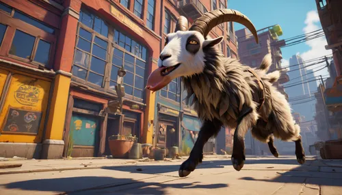 goat character, quadruped pose, playful action, jumping, headbutting, ragdoll physics, urban environment, chaotic streets, interactive objects, humorous tone, exaggerated animations, destructible mate