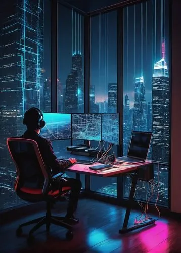 Modern skyscraper cityscape, futuristic urban landscape, sleek glass and steel buildings, intricate network of wires and circuits, .NET logo, coding screens, programmer hands typing on keyboard, coffe