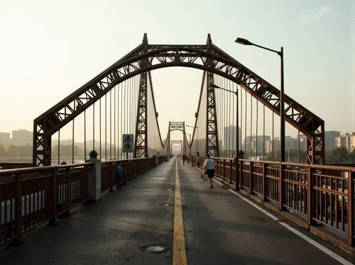 Rustic vehicular bridge, steel arches, suspension cables, concrete piers, asphalt roadways, metallic railings, urban cityscape, misty morning fog, soft warm lighting, shallow depth of field, 1/1 compo