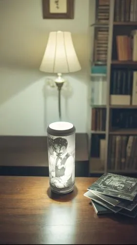 Desktop night lamp with pictures on its surface, standing on the coffee table in the bedroom,a lamp sitting on top of a wooden table,retro kerosene lamp,bedside lamp,miracle lamp,kerosene lamp,nightst