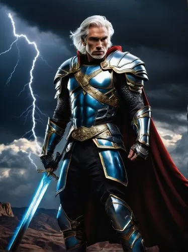 Muscular male, god slayer, imposing posture, silver hair, glowing blue eyes, intricate facial scar, bold chest, defined waist, powerful legs, ornate armor set, metallic silver and gold accents, should