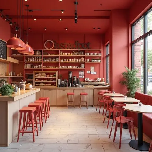 a fast food store called "the pasta spot" make it a professional mock up by the best architect in the world and the colour palette is red pink and white make it photo realistic use vapiano as a refere