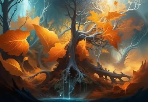 molten forest by dali and escher in quicksilver and ferrofuid splashes, Minimalism in a Negative Artistic Space,the landscape of this painting is very vint,mushroom landscape,mirkwood,magic tree,haunt