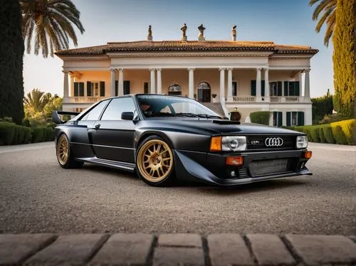 Black matte color, Audi Quattro, rally car, B-group, pikes hills edition, location on the driveway with in the background a neoclassical villa,corrado,integrale,pinnacle,notchback,cosworth,crx,lancia,