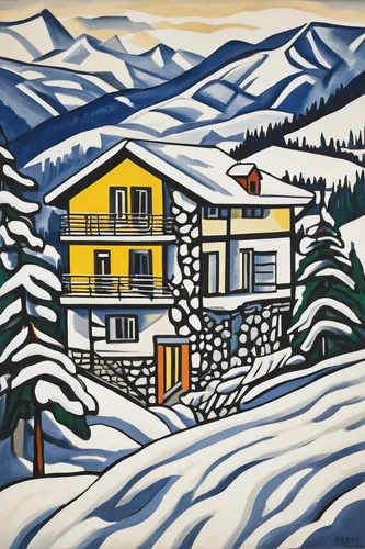 david bates,whistler,snow scene,cool woodblock images,mountain huts,winter landscape,roy lichtenstein,olle gill,snow landscape,winter house,house in mountains,house in the mountains,home landscape,braque d'auvergne,mountain hut,alpine style,christmas landscape,woodblock prints,vail,snowy landscape,Art,Artistic Painting,Artistic Painting 39