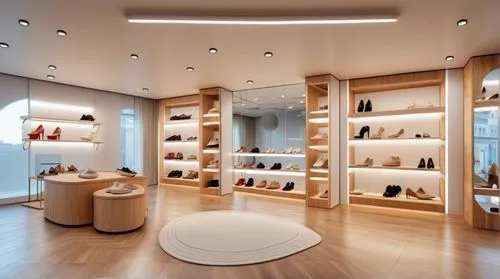 Women's shoe store. Lay an ivory colored carpet on the floor. Convert all pillars from shelves to mirrors. Convert the walls between the pillars to wood.,shoe store,shoe cabinet,walk-in closet,paris s