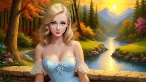 Romantic masterpiece oil painting, cute girl portrait, nostalgic 1950's style kitsch, breathtaking beautiful landscape, majestic natural scenery, warm evening lighting, highly detailed, high res, absu