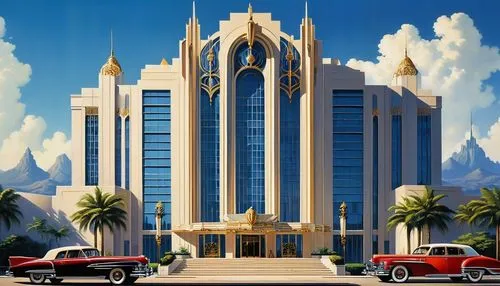 Glamorous Art Deco building, luxurious skyscraper, geometric patterns, metallic materials, ornate decorations, symmetrical facade, stepped silhouette, bold vertical lines, zigzag motifs, chevron shape