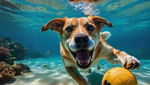 Max, the adventurous dog, with a toy in his mouth, ready for a playful showdown. 8k colorful vibrant realistic ,dog in the water,cheerful dog,dog photography,retriever,animal photography,underwater wo