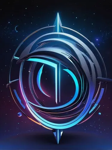 Therian logo, futuristic, sci-fi, metallic material, silver and blue colors, sleek lines, geometric shapes, 3D effect, glowing accents, neon lights, space-themed background, distant stars, planets, ga