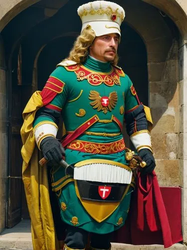 Ernest the Ironman, Archduke of Austria, lifelike and vividly colored,a man in a medieval style costume stands outside,engebretsen,hieronimo,peredur,codpiece,tudor,pieterszoon,rhaetian,loras,condottie