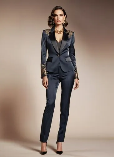 Fashion show ,a woman in a dark suit stands near a beige wall,cantoral,menswear for women,woman in menswear,ardant,social,pantsuit,Photography,General,Natural