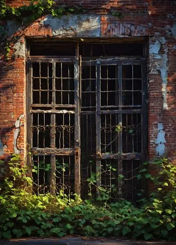 Atlanta, urban decay, architectural salvage, abandoned building, broken windows, rusty metal gates, overgrown with vines, crumbling brick walls, faded signs, old wooden doors, peeling paint, distresse