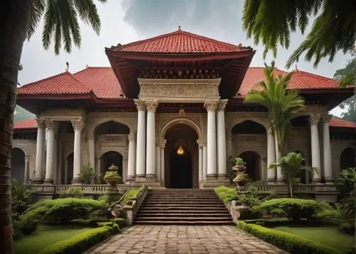 Ancient Ak architecture, grandiose structure, intricate carvings, ornate columns, symmetrical design, majestic entrance, high ceilings, large windows, stone walls, red roof tiles, lush greenery surrou