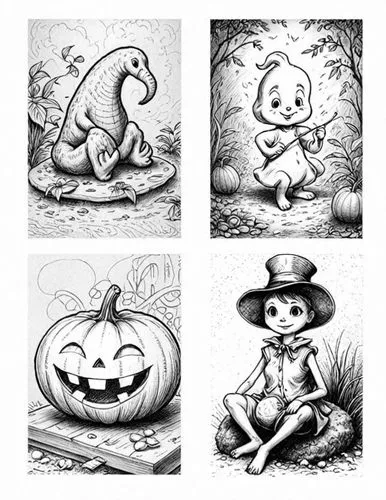 : Design Sketch-Rough Outline ,four pictures with a girl and an animal sitting on pumpkins,autumn pumpkins,pumpkins,fall animals,halloween icons,gourds,pumkins,Design Sketch,Design Sketch,Detailed Out